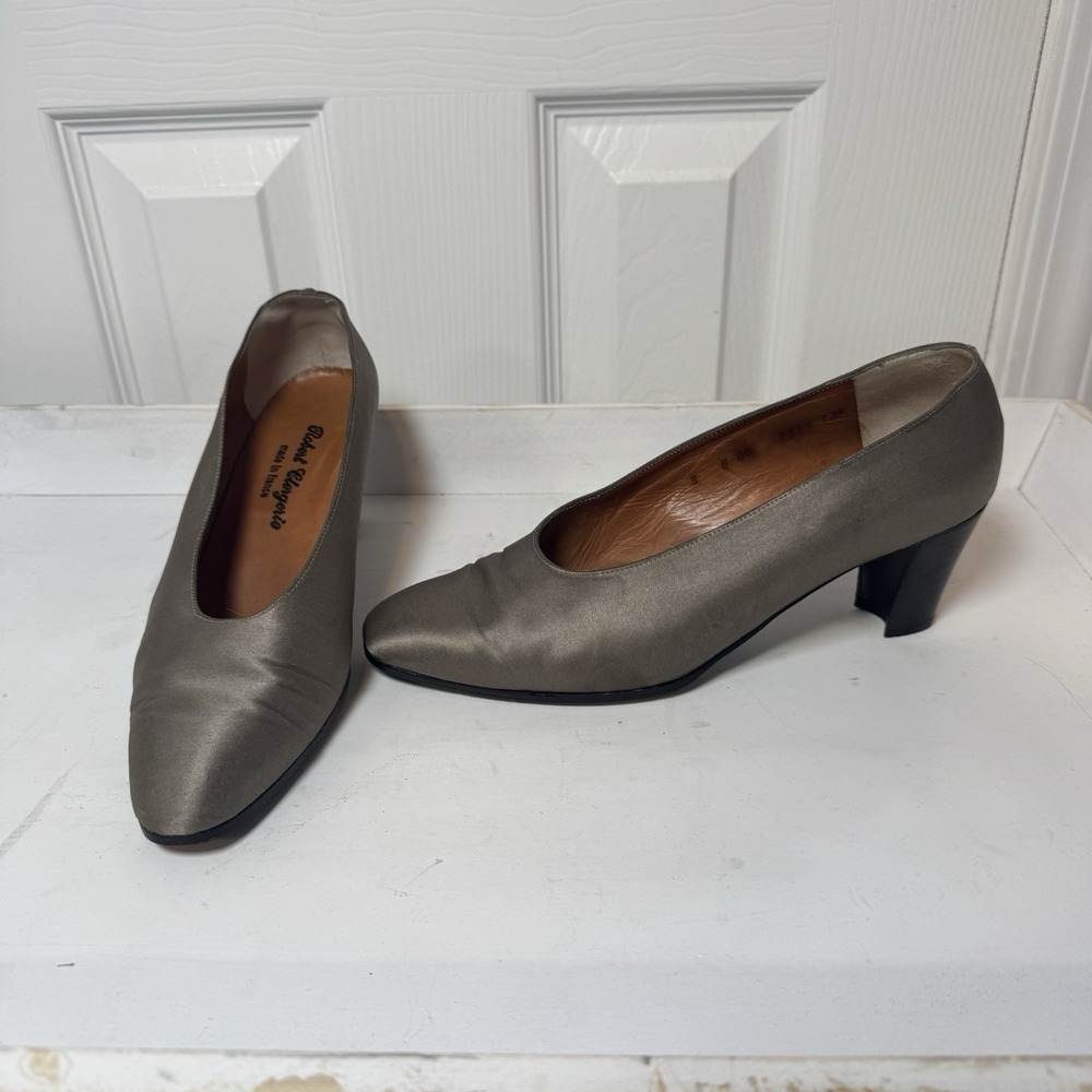 Robert Clergerie Made In France Gray Brown Silk Women's Heels sz 8 Vintage